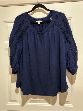 Skies Are Blue Navy Crochet-detail Top